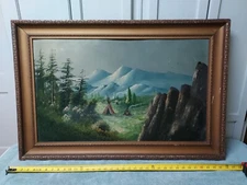 Antique Oil On Board Painting Indian Tee Pee Camp Fire Ozark Mountains Primative