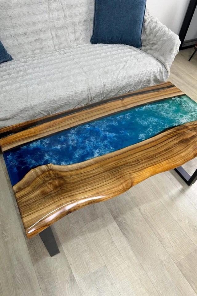 Walnut Wood River Coffee Table with Blue Resin | Handmade Epoxy River Table | Cu - Image 2 of 4