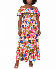 Msk Women Dress Maxi Plus Size 2x Ivory Multi Floral Offtheshoulder Smocked