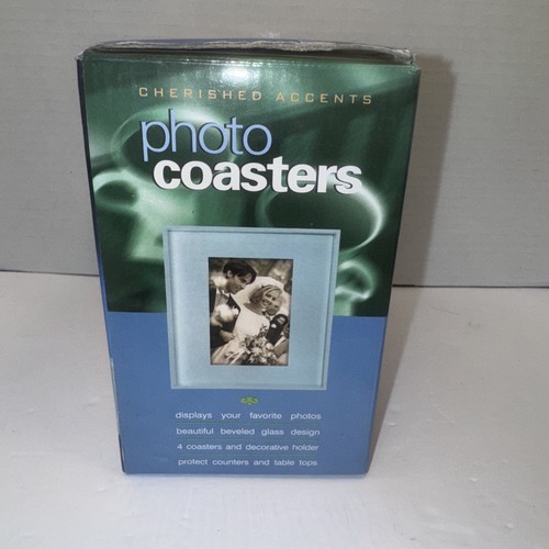NEW Set 4 Cherished Accents Photo Coasters w/Wood Holder,Orig Box,2" x 3" Photos - Picture 2 of 6