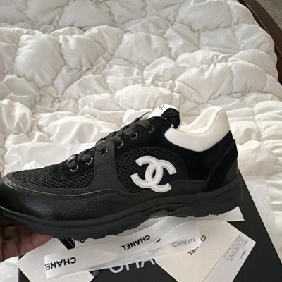 CHANEL Black White Logo Lace Up Sneakers WN31494 Mesh Leather Low Top