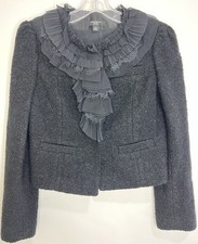 Ann Taylor Tweed Black Wool Ruffle Collar Cropped Blazer Size 2P Boucle Petite