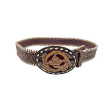 VTG Circle Y Western Tooled Floral Inlay Buckle Buckstitch Leather Belt Rodeo 32