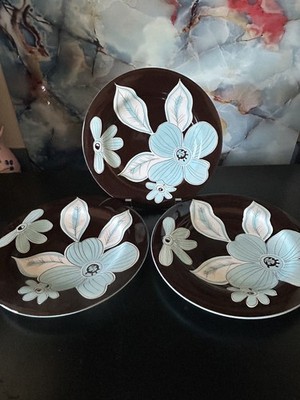 Laurie Gates Salad Plates Set of 3 Cafe Blues/SoHo Floral Blue & Brown 9.5''
