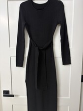 Sleek Black Sweater Midi Dress With Side Slits And Wrap Belt Detail. Size medium