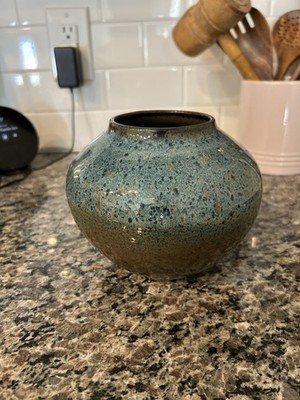 Handmade Studio Pottery Artist Signed Vase Blue Green Glazed