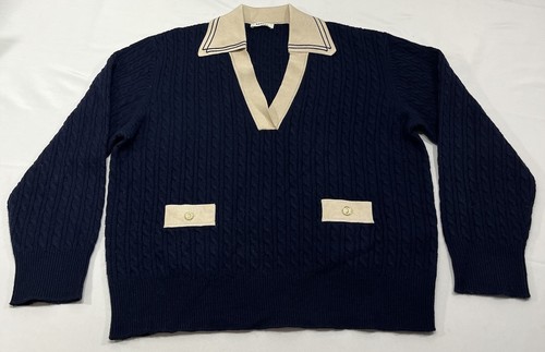 SANDRO Nea Cable Knit Sweater FR Size 4 US Size 10 Blue Collar Wool Cashmere