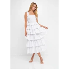 NWT English Factory Smocked Bust Multi Ruffles Maxi Gown  White Size Large L