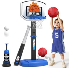2 in 1 Toddler Basketball Hoop and T Ball Set with Automatic Pitching Machine - 