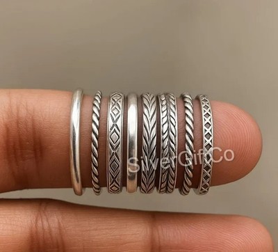 925 Sterling Silver Stacking Rings Set: Assorted Patterns, Thin & Thick All Size
