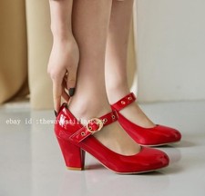Women's Shiny Leather Mary Jane Mid Chunky Heel Dress Shoes Pumps Pull On