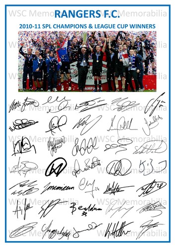 12862. 2010-11 Glasgow Rangers Signed Team Photo Sheet PRINTED AUTOS A4 Double