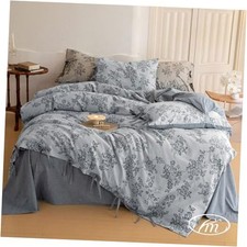 Duvet Cover Set King Size Linen Cotton King 104" x 90" Jacquard - Monet Blue
