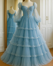 Vintage Light Blue Wedding Dresses with long Sleeves Ruffles A Line Bridal Gowns