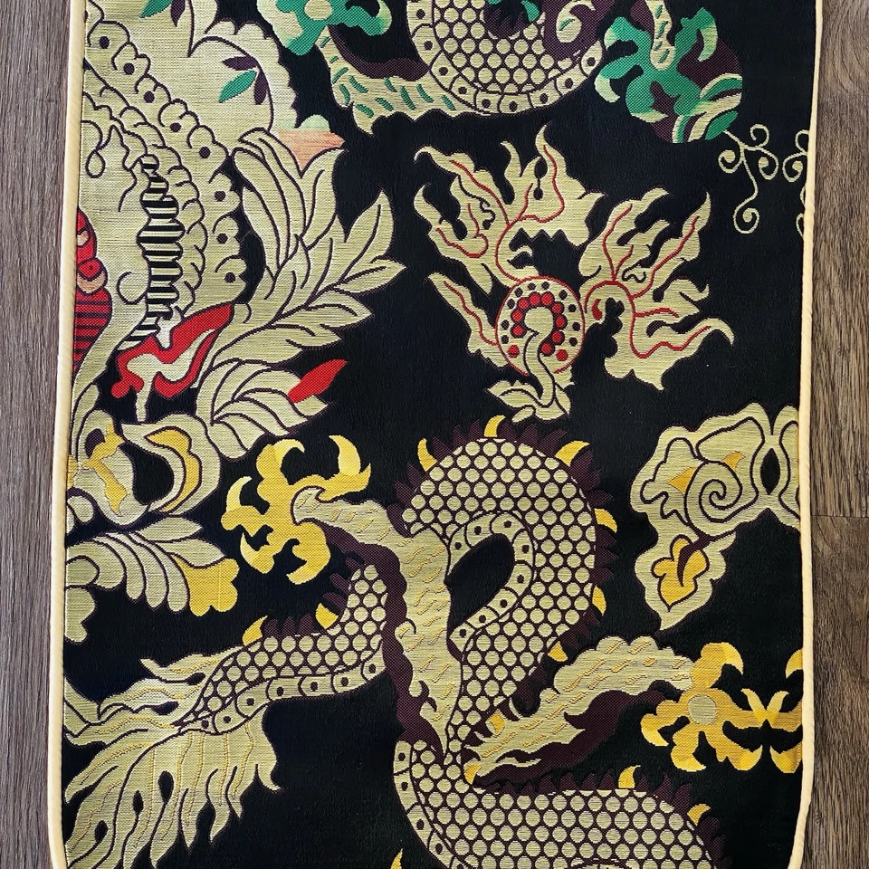88”x13” Silk Chinese Table Runner, GOLD DRAGON on Black w/  Red, Green & Purple - Image 4 of 4