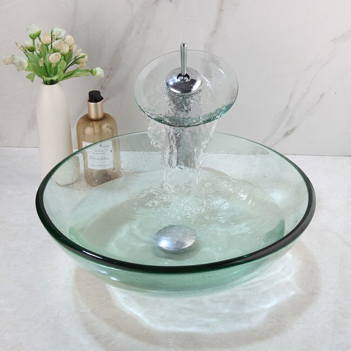 US 17" Bathroom Vessel Sink Clear Tempered Glass Basin Waterfall Spout Mixer Tap - Picture 3 of 7