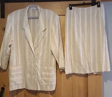 David Benjamin 2-Pc Skirt Suit Women Sz M Beige Stripe 80's Style Oversize Boxy