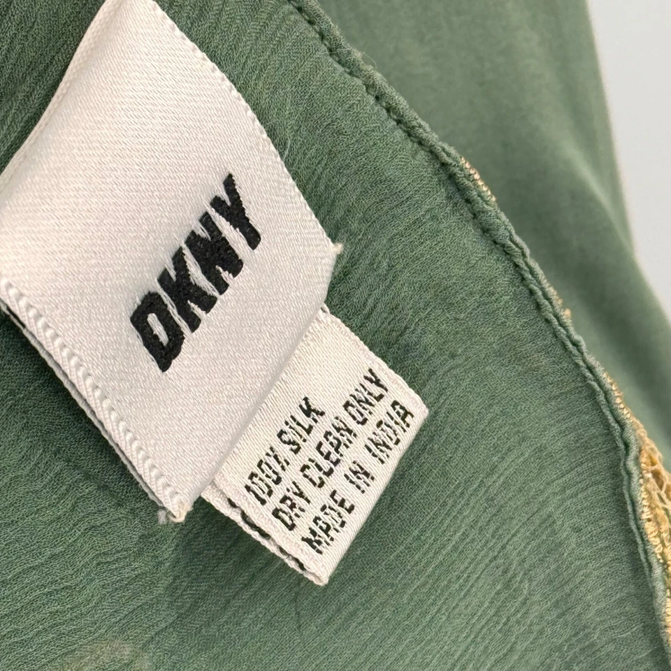 DKNY 100% Seda Bufanda Moda Floral Encaje Ribete En Verde Salvia Beige Foto 2 de 4