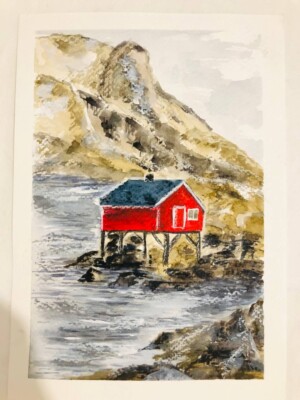 Norwegisches Landhaus an der Nordsee Original Aquarell Landschaft Kunst 6'x8'