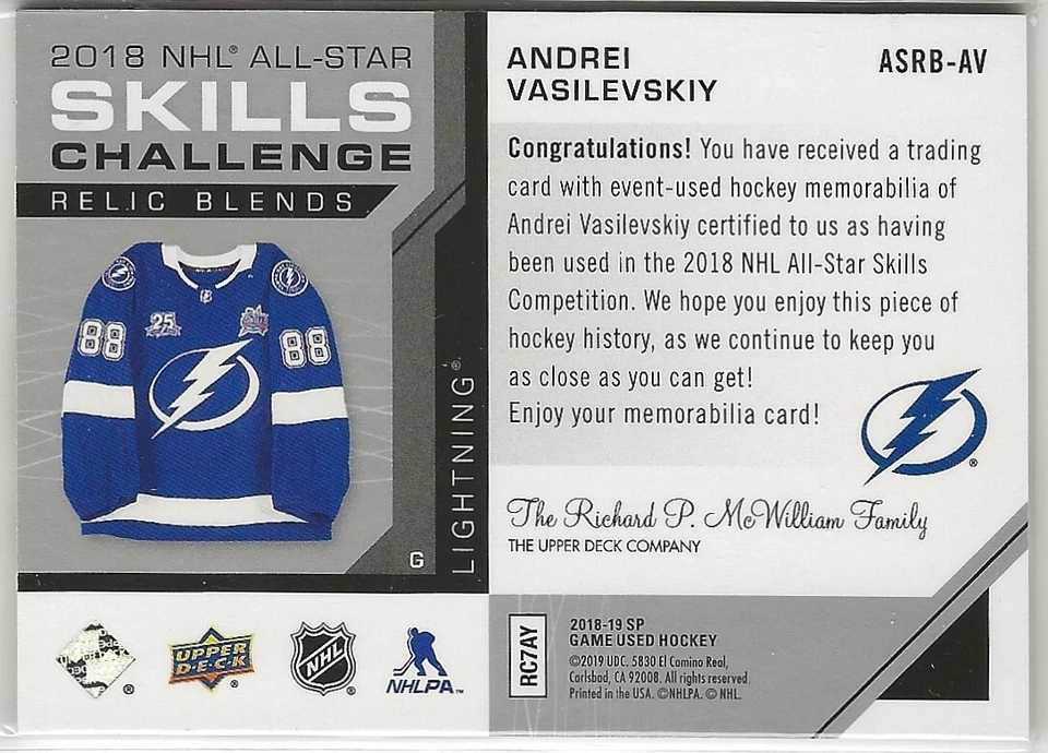 2018-19 SP Game Used '18 All Star Skills Relic Blends Andrei Vasilevskiy 002/125 - Image 2 of 2