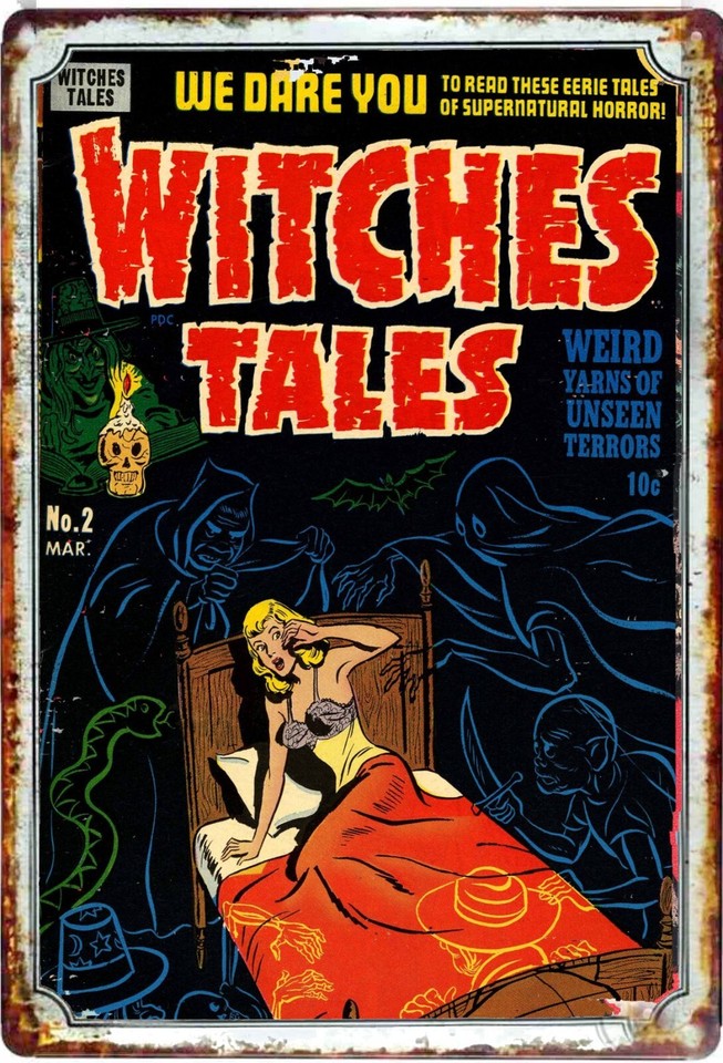 A 1930s-style Weird Witches Tales pulp horror comic cover rendered as a metal tin sign — visually striking wall art that screams vintage occult cool.