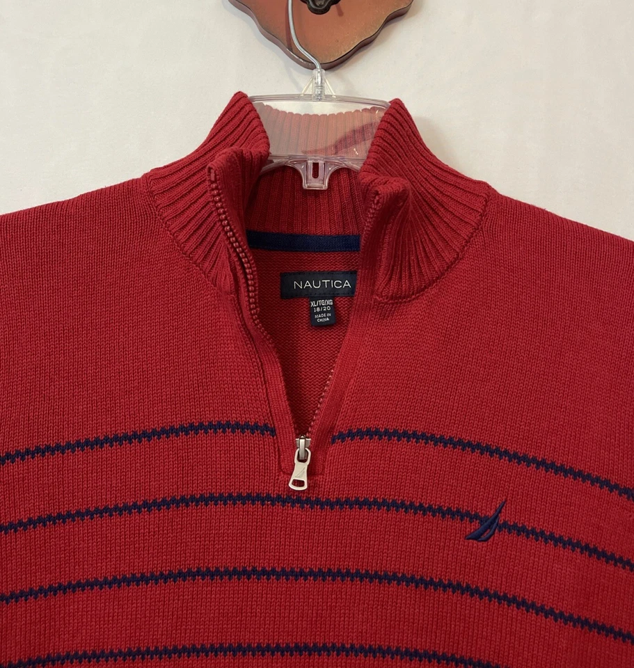 Suéter Nautica Boys XL 18/20 Rojo Rayas 1/4 Cremallera Algodón Logo! A962 Foto 3 de 4