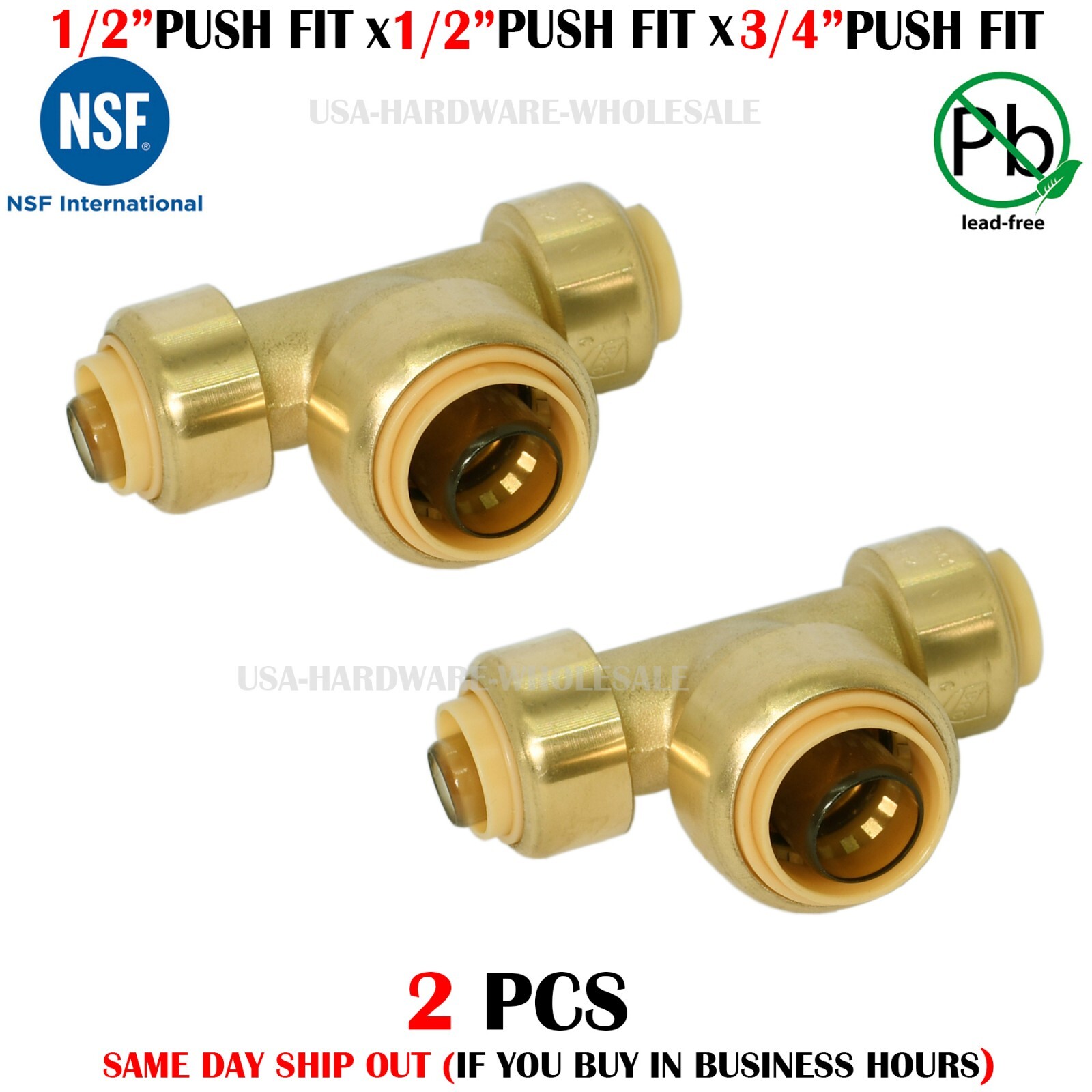 1/2" x 1/2" x 3/4" Sharkbite Style PUSH FIT Tee Lead Free Brass - PAKA TOOLS