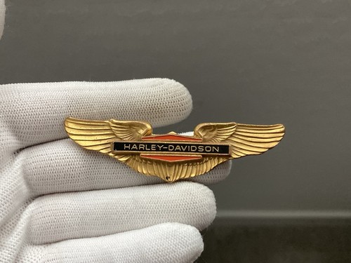 Vintage 1950s Gold Harley Davidson Bar Shield Wings Jacket Badge Pin 3" Biker