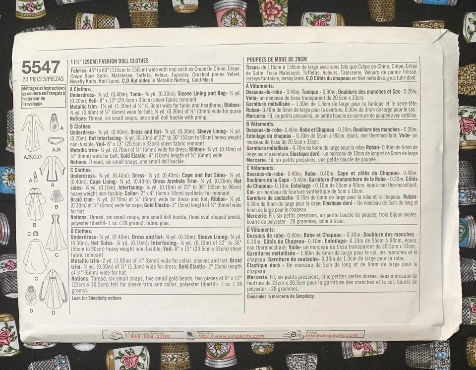 *OOP* Simplicity #5547 Doll Museum Collection Pattern for 11 1/2” fashion dolls - Image 2 of 3