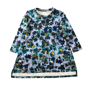 LOGO Lori Goldstein Womens XS Floral Tunic Top Purple Blue 3/4 Sleeve Pockets