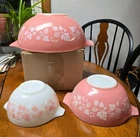 3 Pyrex Pink Gooseberry Cinderella Nesting Mixing Bowls (#441, 443, 444)