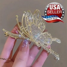 Spectacular Rhinestone Gold Tone Butterfly Hair Clip Claw For Women Girls