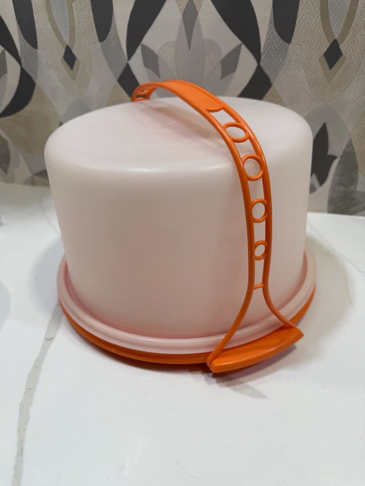 Portapasteles redondo Tupperware Harvest dorado y naranja con mango 684-5 683-5 624-21 Foto 3 de 4