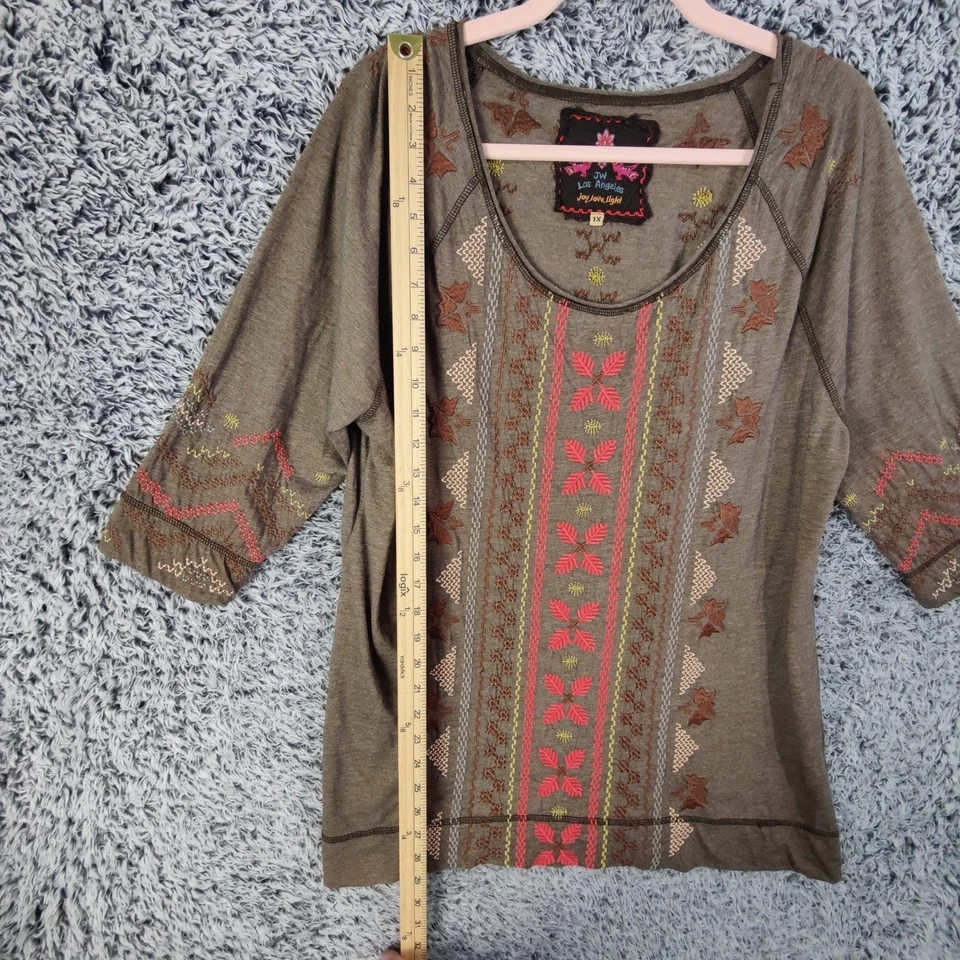 Johnny Was Embroidered Aztec Boho Southwestern Tunic Women 1X 3/4 Sleeve Brown - Image 4 of 4