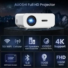 AUOSHI Projector with Wifi and Bluetooth, 4K Support 1080P - New In Box