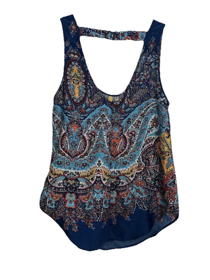Fun 2 Fun Blouse Womens sz XS Tank Top Gold Blue Paisley Lightweight - Image 2 of 4