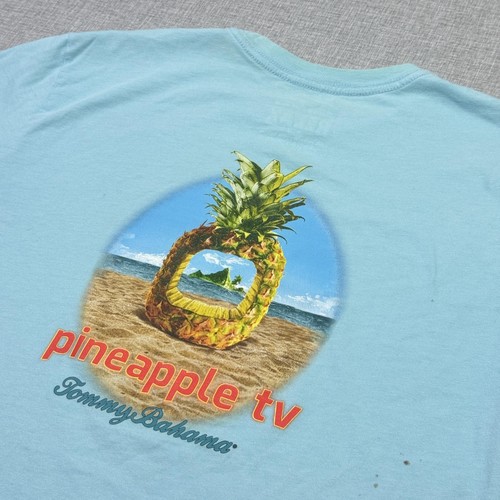 Tommy Bahama Shirt Mens M Blue Pineapple TV Graphic Crew Neck Short Sleeve Logo