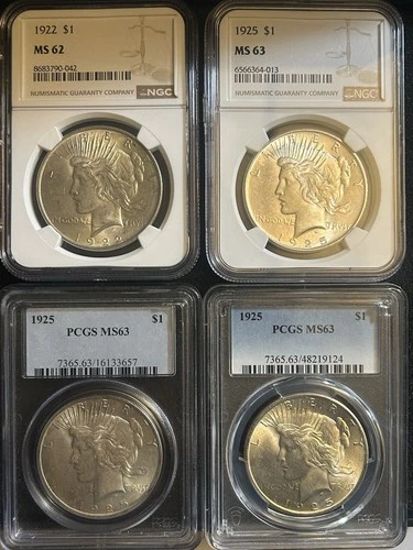 LOT OF (4) GRADED 1925 & 1922 SILVER PEACE DOLLARS MS63 & MS62 90% SILVER 📈📈🔥