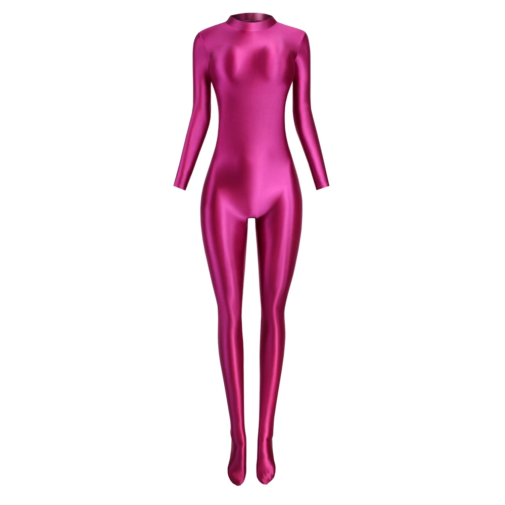 MJINM Women's Stretch Gloss Silky Jumpsuits Sport Bodysuit Short zipper Overall - Picture 28 of 30