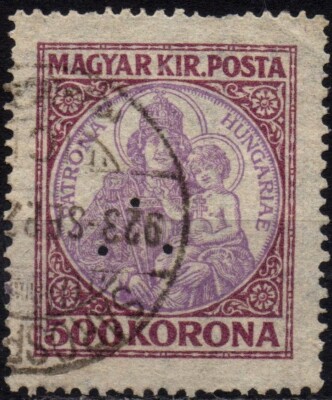 HUNGARY 1923 - Used 500 Kr.  Madonna and Child with Punching #UN1