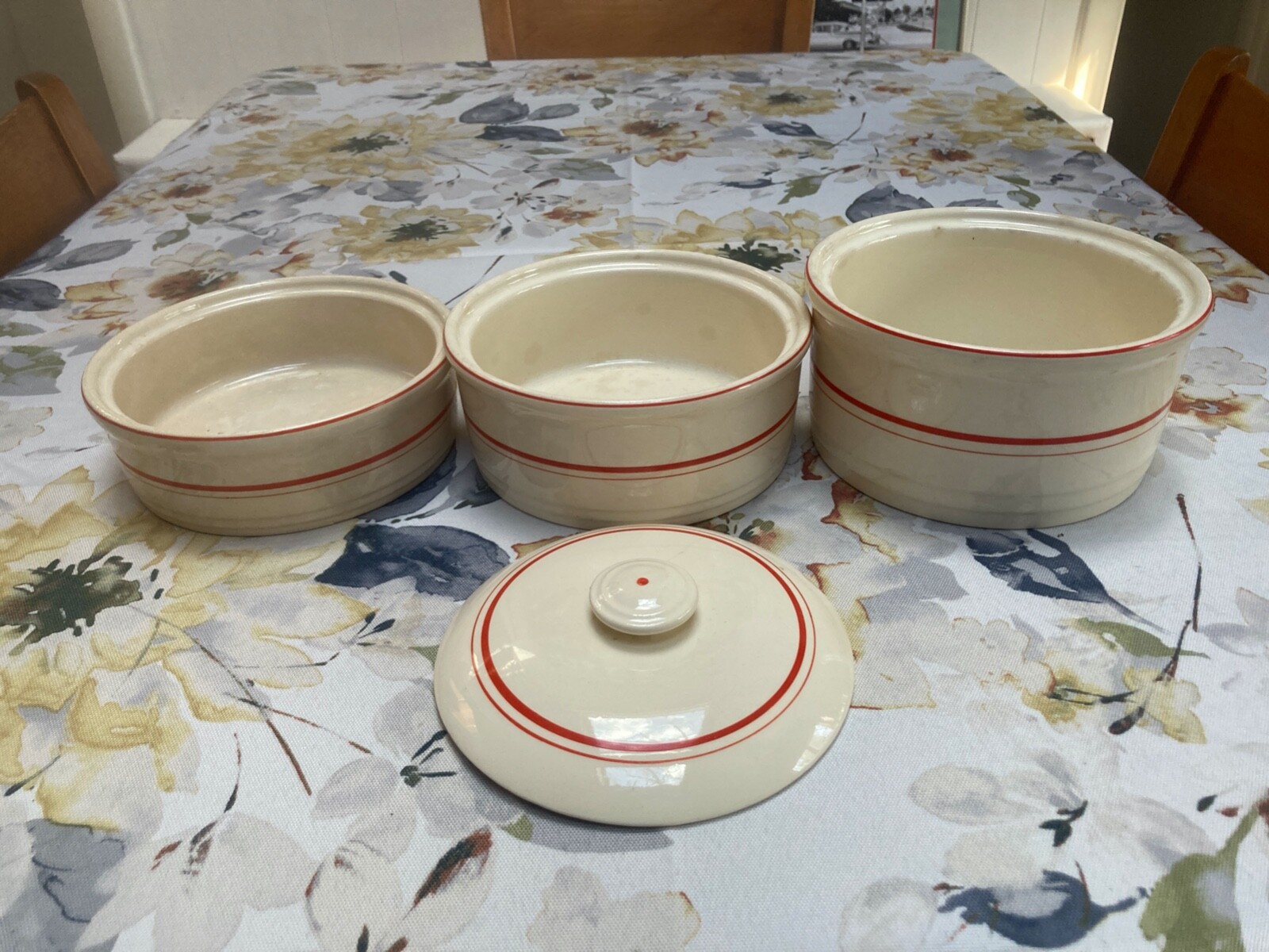 Vintage Universal Potteries Art Deco Red Stripe Refrigerator Stacking Set