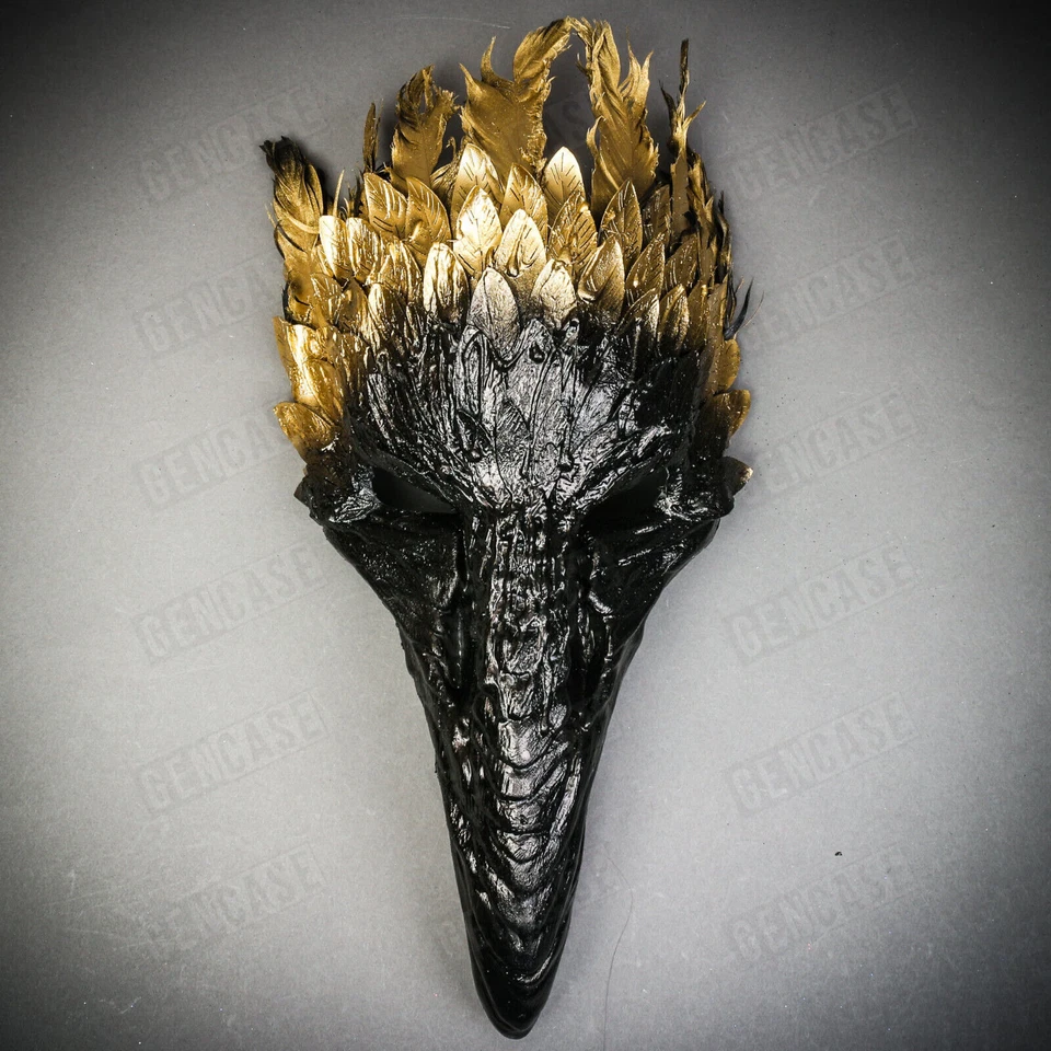 Black Plague Doctor Raven Bird Nose Halloween Costume Party Mask Gold Feather - Image 2 of 4