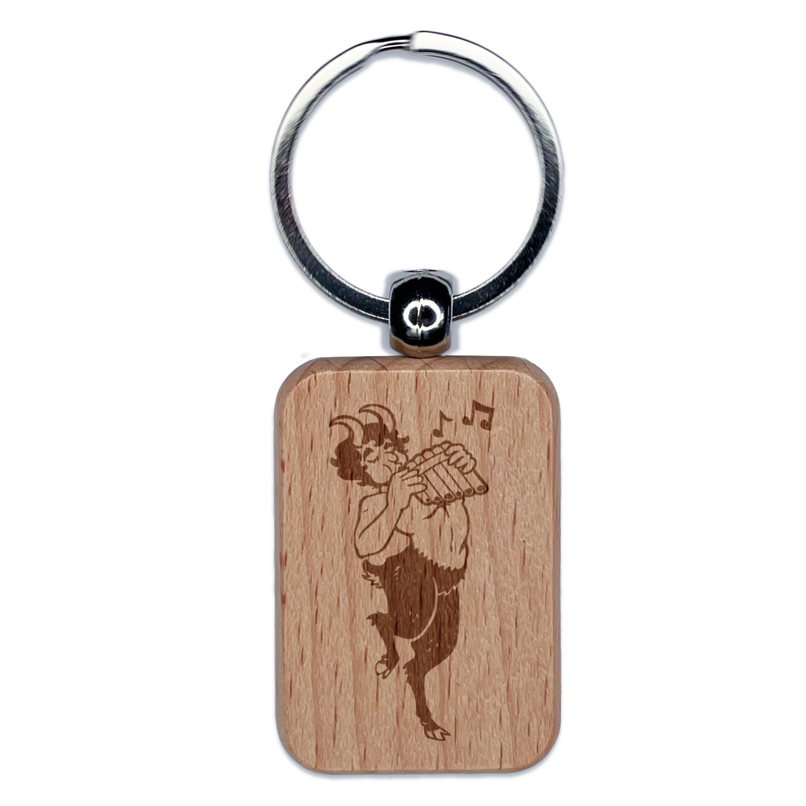 Faun Satyr Pan Flute Engraved Wood Rectangle Keychain Tag Charm