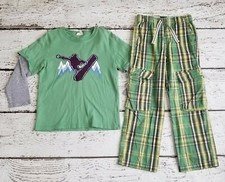 MINI BODEN 7 8 Boys Green Snowboard Applique Tee and Plaid Tartan Pants 7 8