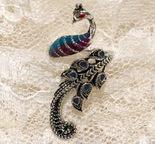 Peacock Ring Enameled Silver Tone Adjustable Size 6-7 long ring