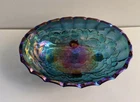 Vintage Indiana Iridescent Carnival Glass Blue Harvest Grape Footed Fruit Bowl