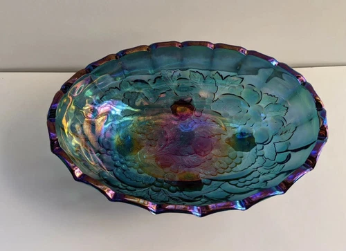 Vintage Indiana Iridescent Carnival Glass Blue Harvest Grape Footed Fruit Bowl