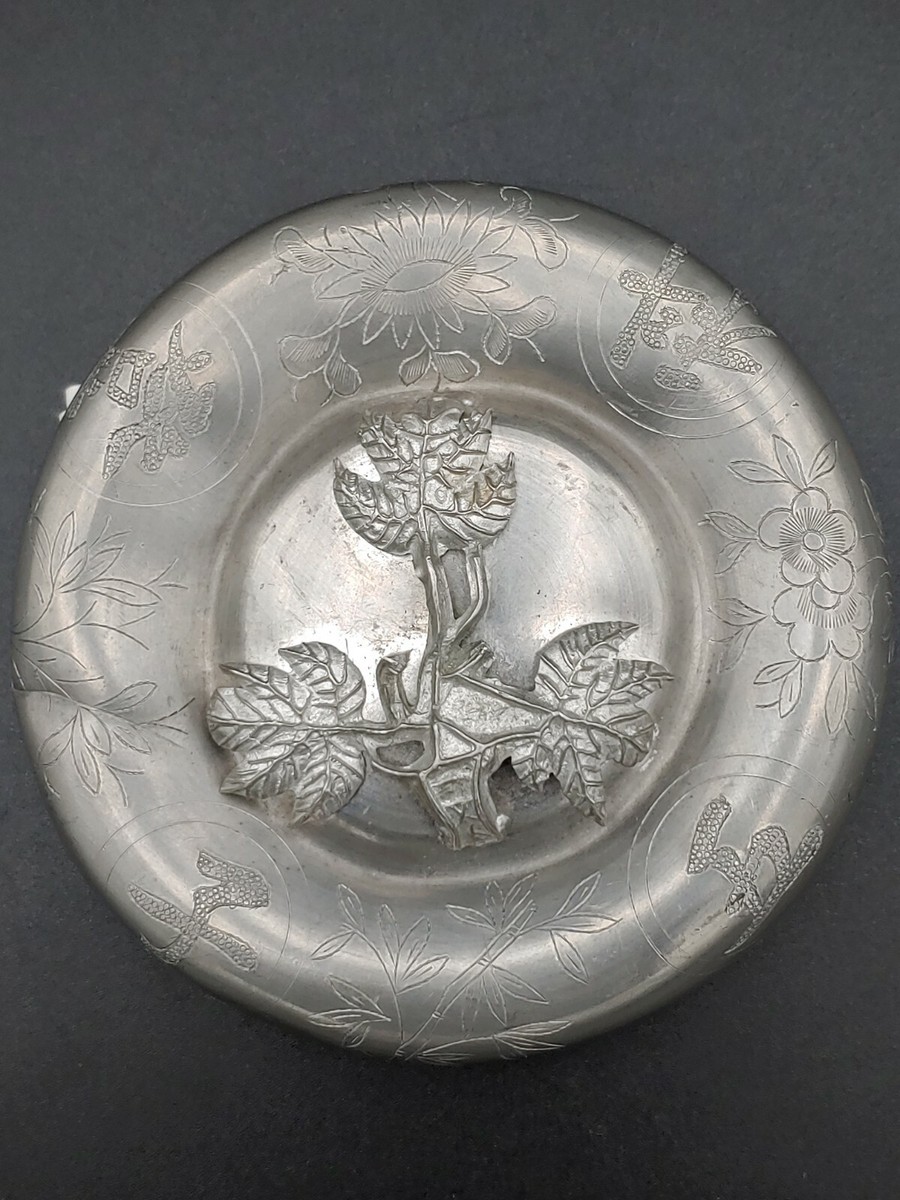 老锡器錾刻状元及第高足花钮茶叶罐Antique Chinese Pewter Carved Art