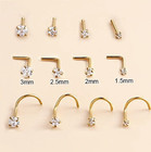 Gold 20g 2mm CZ Gem Straight L Shaped Screw Bone Nose Stud Bar Ring Piercing