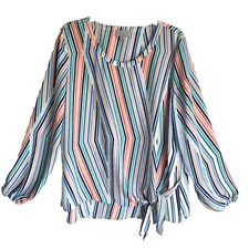 Belle Sky Sz XL Striped Long Sleeve Tie Front Blouse